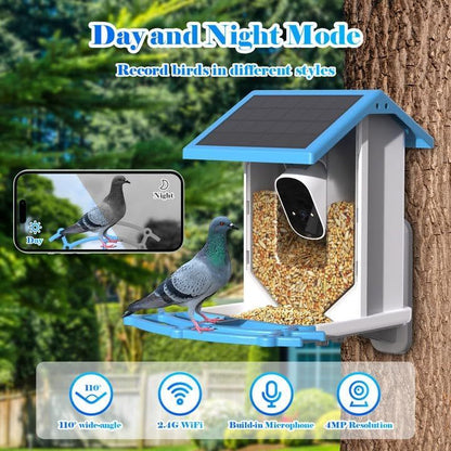 Mangeoire à oiseaux intelligente avec caméra, caméra en direct WiFi 4MP à alimentation solaire, AI identifie les espèces d'oiseaux, capture automatique de jardin, observation des oiseaux et détection de mouvement.