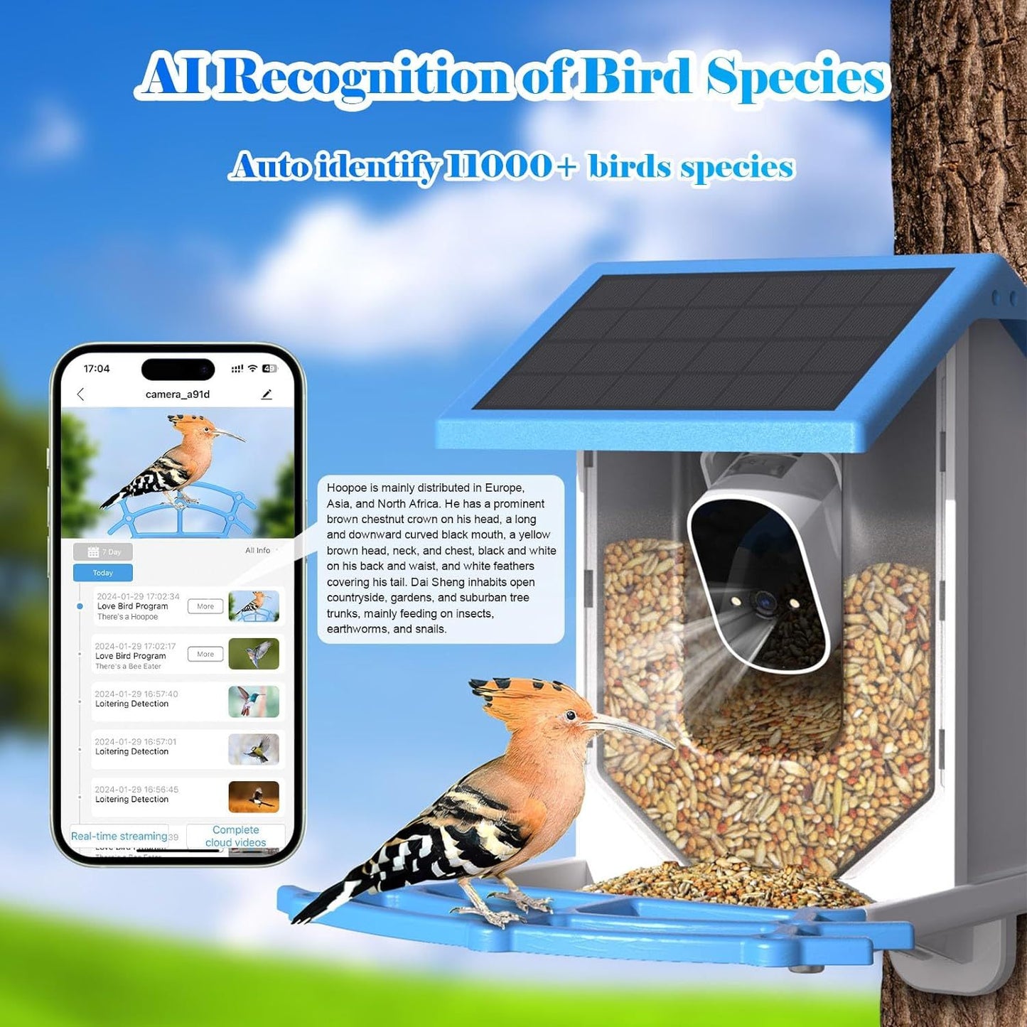 Mangeoire à oiseaux intelligente avec caméra, caméra en direct WiFi 4MP à alimentation solaire, AI identifie les espèces d'oiseaux, capture automatique de jardin, observation des oiseaux et détection de mouvement.