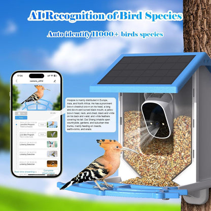 Mangeoire à oiseaux intelligente avec caméra, caméra en direct WiFi 4MP à alimentation solaire, AI identifie les espèces d'oiseaux, capture automatique de jardin, observation des oiseaux et détection de mouvement.