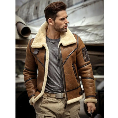 Veste aviateur en peau de mouton pour hommes, manteau d'hiver avec fourrure, veste en cuir de bombardier