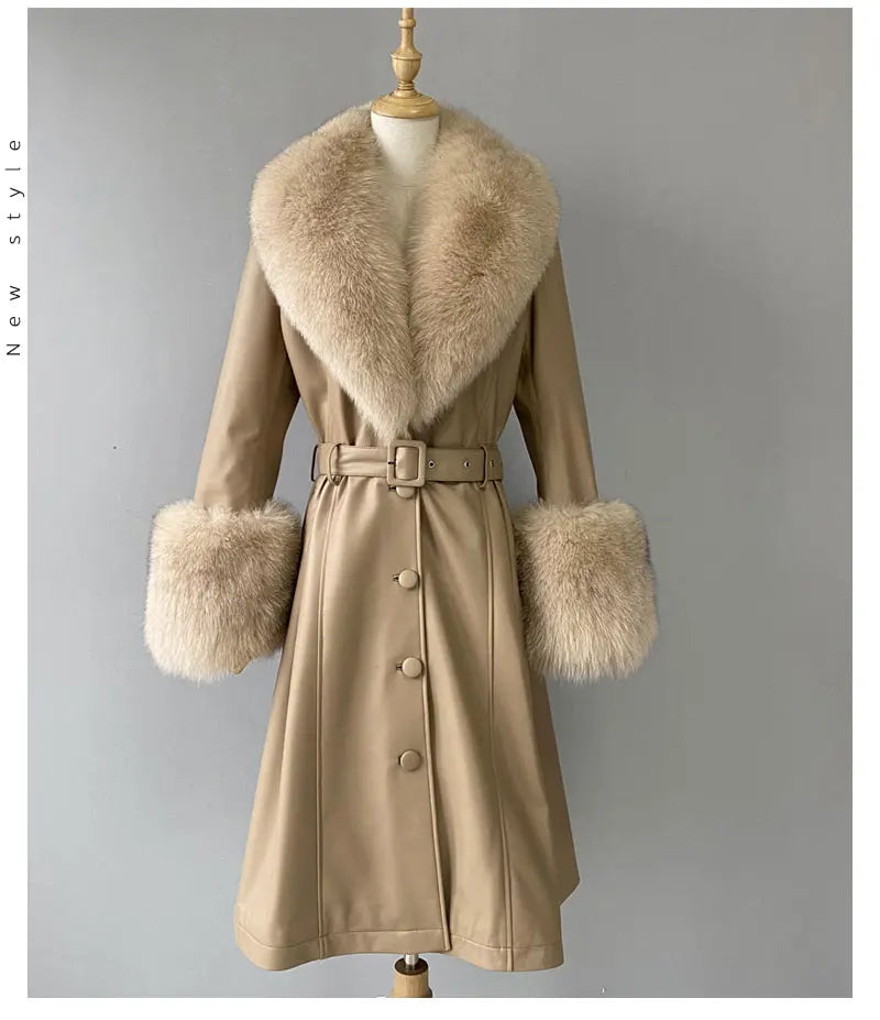 Manteau long en cuir véritable pour femmes Jxwatcher, automne hiver, grande taille, en peau de mouton avec col en vrai renard