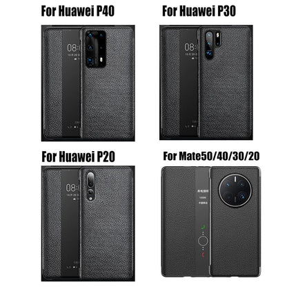 Coque à rabat en cuir véritable pour Huawei P60 P50 P40 Pro P30 P20 Mate 50 40 30 20 Pro RS avec fonction miroir, affichage tactile intelligent et réveil/mise en veille.
