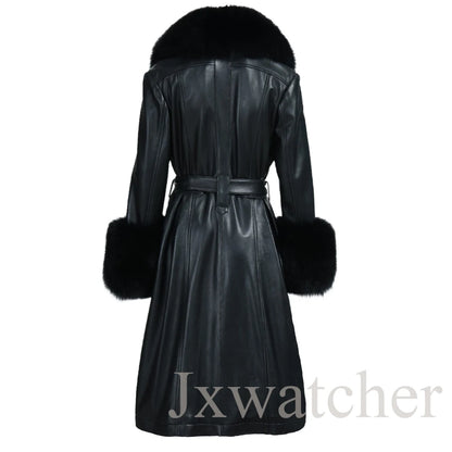 Manteau long en cuir véritable pour femmes Jxwatcher, automne hiver, grande taille, en peau de mouton avec col en vrai renard