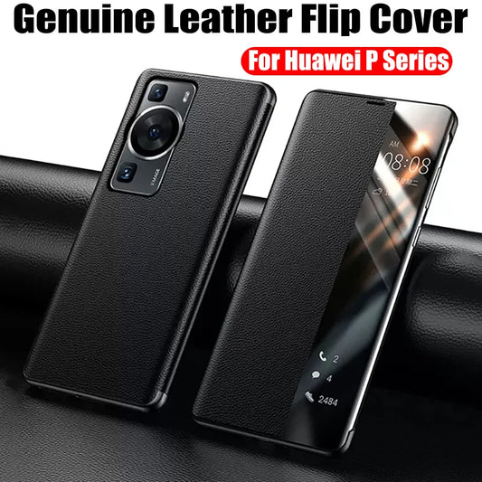 Coque à rabat en cuir véritable pour Huawei P60 P50 P40 Pro P30 P20 Mate 50 40 30 20 Pro RS avec fonction miroir, affichage tactile intelligent et réveil/mise en veille.