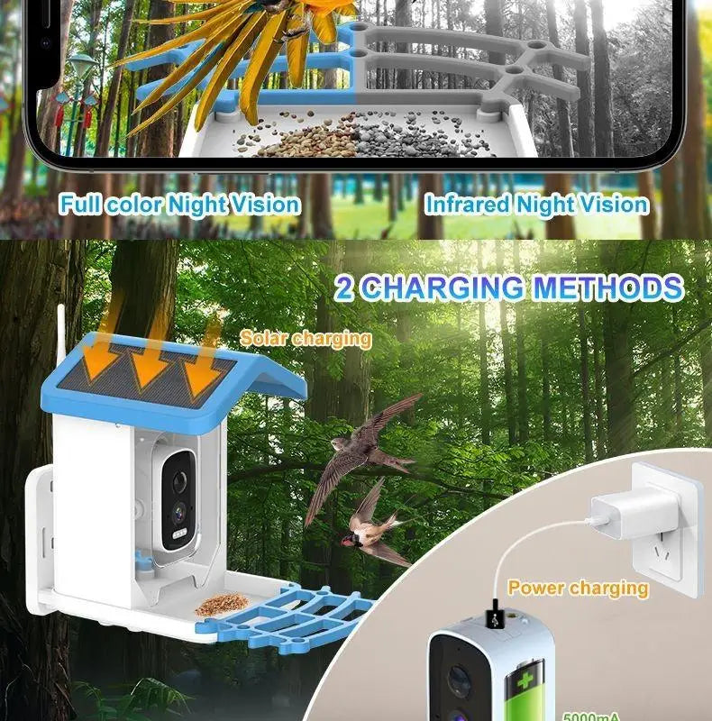 Mangeoire intelligente pour oiseaux en extérieur 1,5 L, reconnaissance AI HD 4 MP, alimentation solaire, faible consommation, longue autonomie, vision nocturne en couleur, produits pour animaux de compagnie.