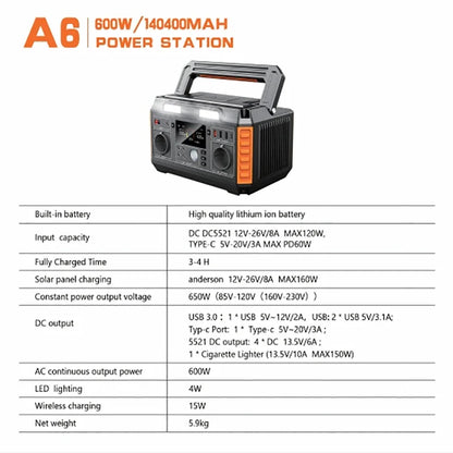 Station d'alimentation portable 600 W avec batterie de 520 Wh et panneau solaire de 200 W, générateur d'énergie pure sinusoïdale pour camping en extérieur, alimentation électrique AC.