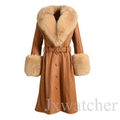 Manteau long en cuir véritable pour femmes Jxwatcher, automne hiver, grande taille, en peau de mouton avec col en vrai renard