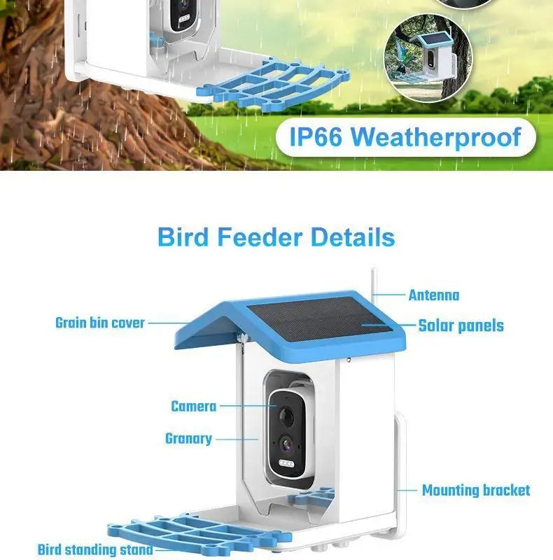 Mangeoire intelligente pour oiseaux en extérieur 1,5 L, reconnaissance AI HD 4 MP, alimentation solaire, faible consommation, longue autonomie, vision nocturne en couleur, produits pour animaux de compagnie.