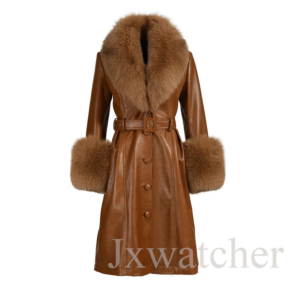 Manteau long en cuir véritable pour femmes Jxwatcher, automne hiver, grande taille, en peau de mouton avec col en vrai renard