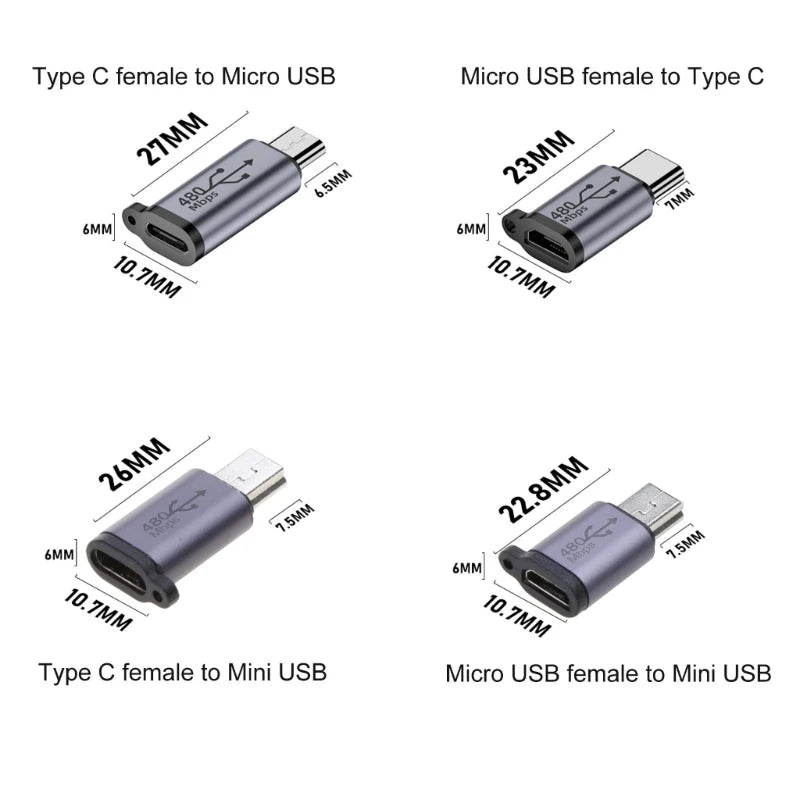 Adaptateur Mini USB Micro USB, Micro USB vers Type-C, Convertisseur Mini USB 480Mbps