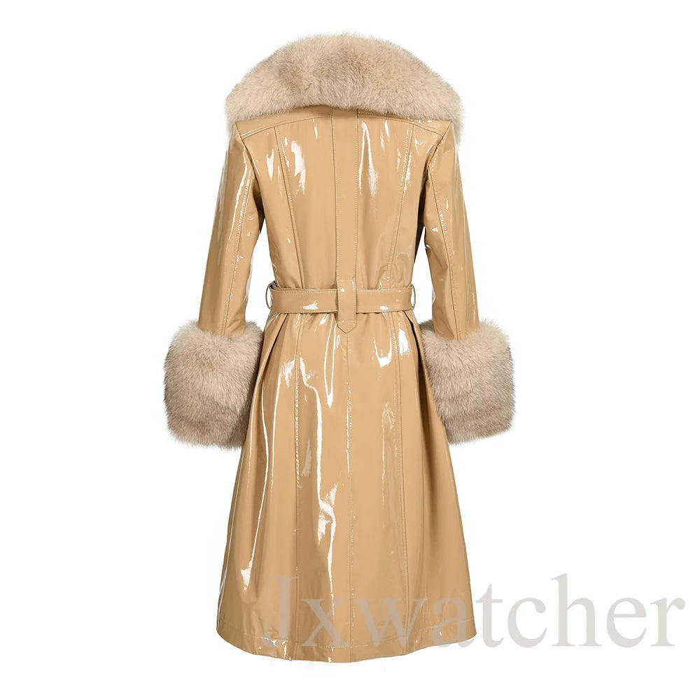 Manteau long en cuir véritable pour femmes Jxwatcher, automne hiver, grande taille, en peau de mouton avec col en vrai renard