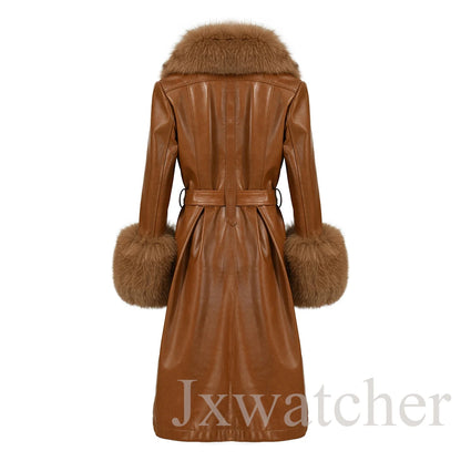 Manteau long en cuir véritable pour femmes Jxwatcher, automne hiver, grande taille, en peau de mouton avec col en vrai renard