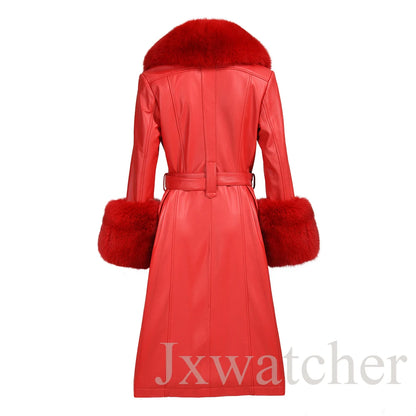 Manteau long en cuir véritable pour femmes Jxwatcher, automne hiver, grande taille, en peau de mouton avec col en vrai renard