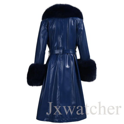 Manteau long en cuir véritable pour femmes Jxwatcher, automne hiver, grande taille, en peau de mouton avec col en vrai renard