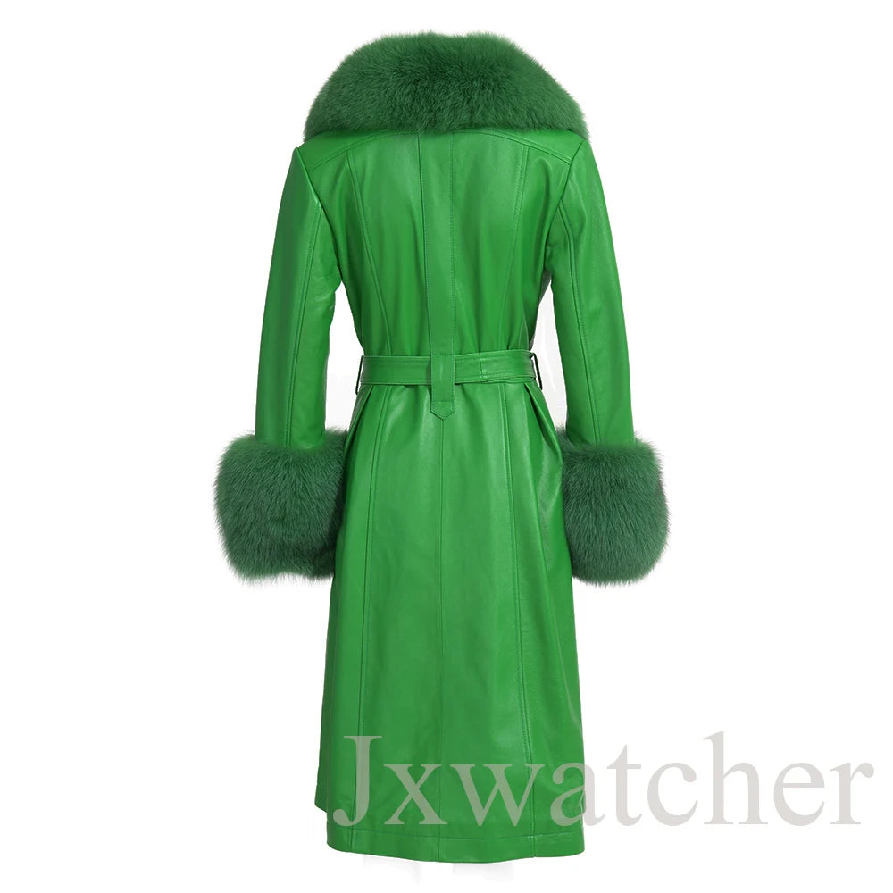 Manteau long en cuir véritable pour femmes Jxwatcher, automne hiver, grande taille, en peau de mouton avec col en vrai renard