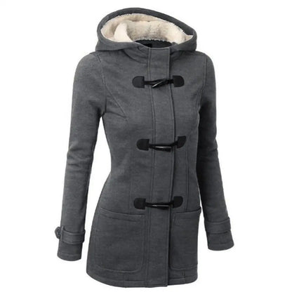 Manteau trench décontracté pour femmes, manteau long à capuche avec fermeture éclair pour l'automne, manteau à boutons corne pour femmes.