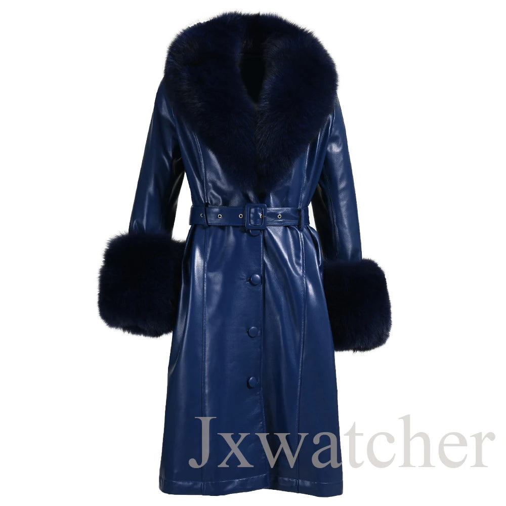 Manteau long en cuir véritable pour femmes Jxwatcher, automne hiver, grande taille, en peau de mouton avec col en vrai renard