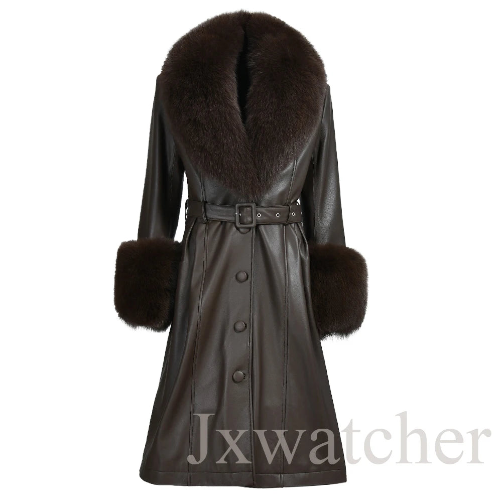 Manteau long en cuir véritable pour femmes Jxwatcher, automne hiver, grande taille, en peau de mouton avec col en vrai renard