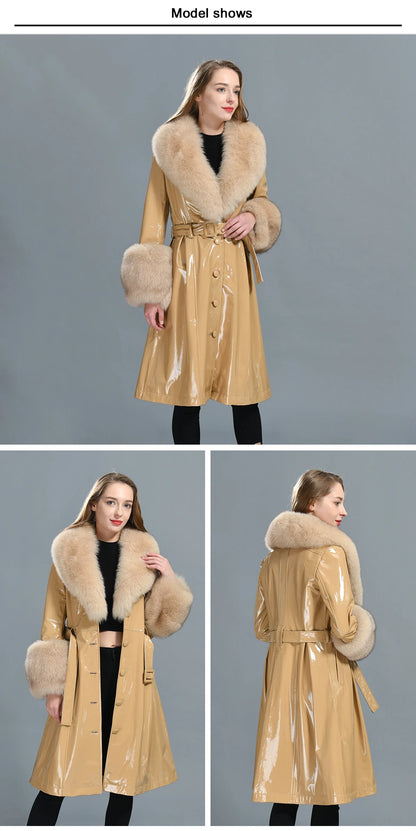 Manteau long en cuir véritable pour femmes Jxwatcher, automne hiver, grande taille, en peau de mouton avec col en vrai renard