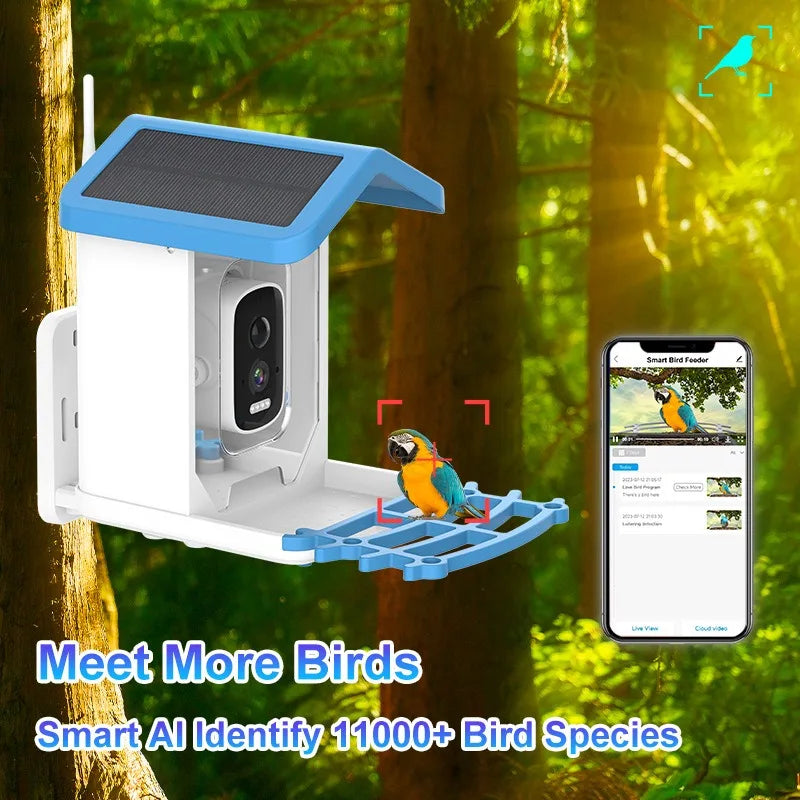 Mangeoire intelligente pour oiseaux en extérieur 1,5 L, reconnaissance AI HD 4 MP, alimentation solaire, faible consommation, longue autonomie, vision nocturne en couleur, produits pour animaux de compagnie.