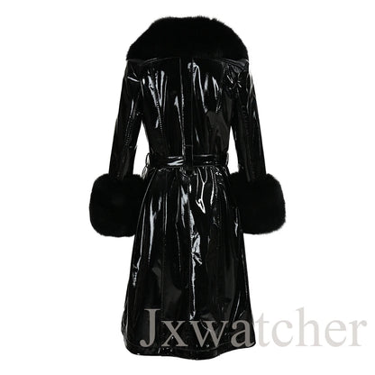 Manteau long en cuir véritable pour femmes Jxwatcher, automne hiver, grande taille, en peau de mouton avec col en vrai renard