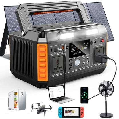 Station d'alimentation portable 600 W avec batterie de 520 Wh et panneau solaire de 200 W, générateur d'énergie pure sinusoïdale pour camping en extérieur, alimentation électrique AC.