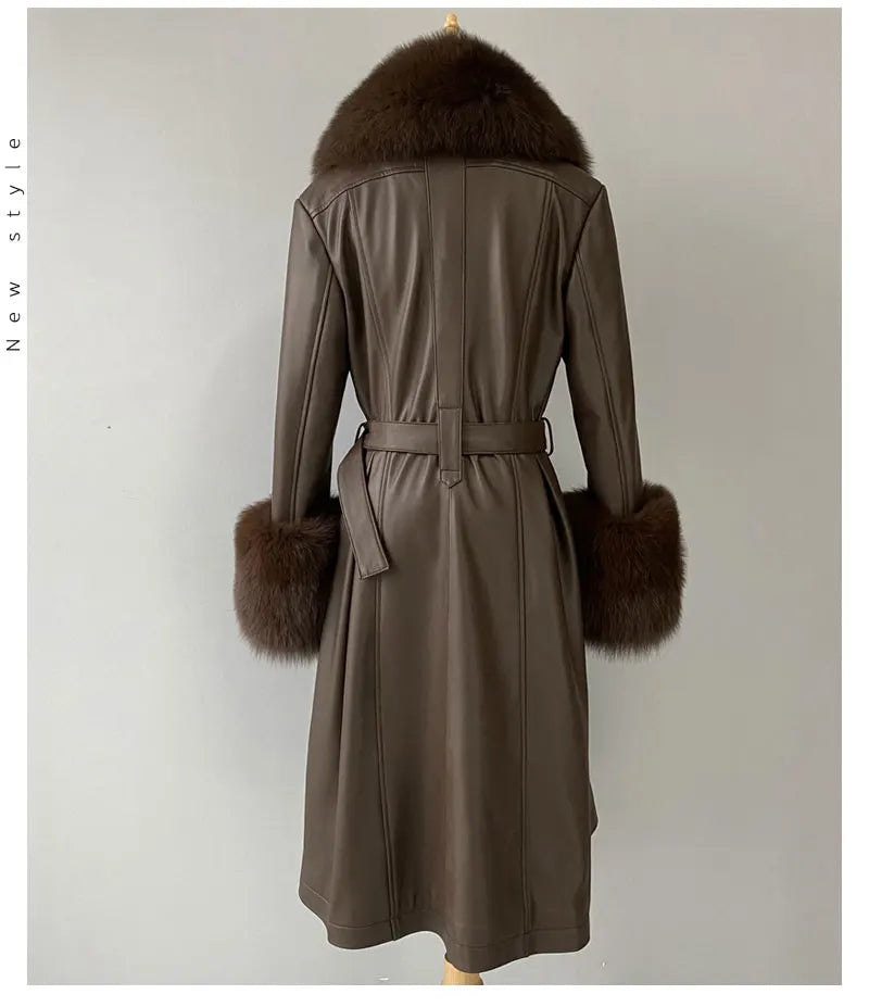 Manteau long en cuir véritable pour femmes Jxwatcher, automne hiver, grande taille, en peau de mouton avec col en vrai renard