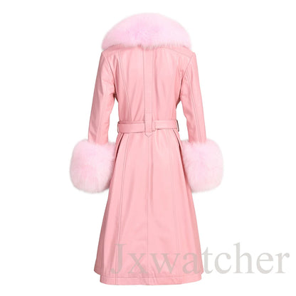 Manteau long en cuir véritable pour femmes Jxwatcher, automne hiver, grande taille, en peau de mouton avec col en vrai renard