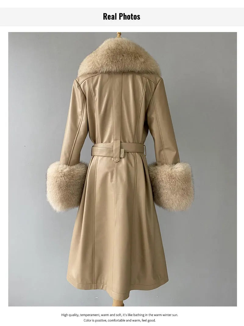 Manteau long en cuir véritable pour femmes Jxwatcher, automne hiver, grande taille, en peau de mouton avec col en vrai renard