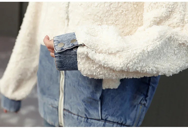 Veste en jean patchwork version coréenne pour femmes, parka courte en laine d'agneau pour l'hiver, veste à capuche avec lettres pour vêtements de rue pour femmes.