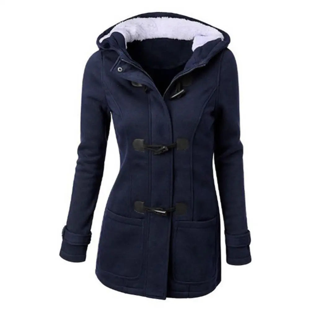 Manteau trench décontracté pour femmes, manteau long à capuche avec fermeture éclair pour l'automne, manteau à boutons corne pour femmes.