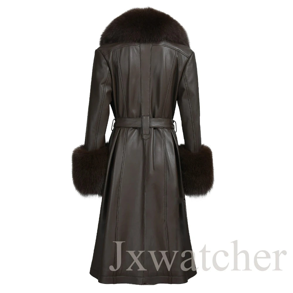 Manteau long en cuir véritable pour femmes Jxwatcher, automne hiver, grande taille, en peau de mouton avec col en vrai renard