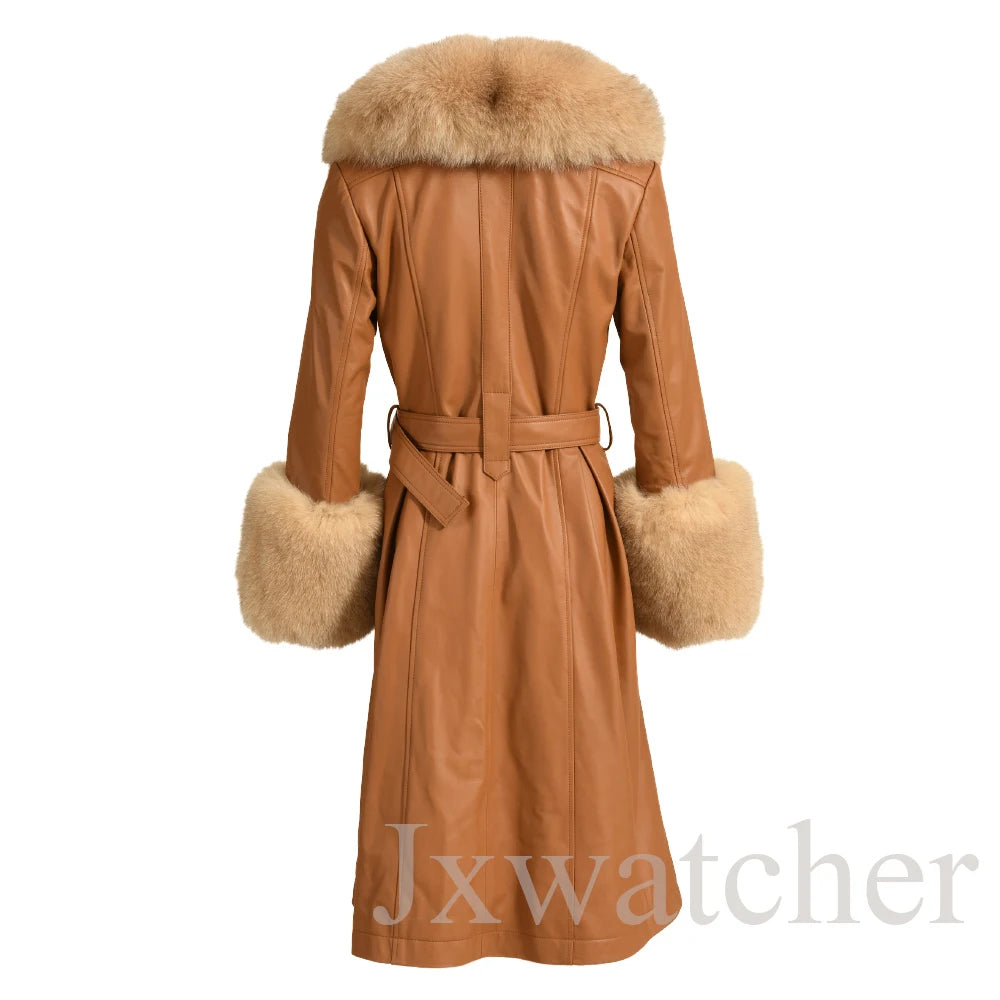 Manteau long en cuir véritable pour femmes Jxwatcher, automne hiver, grande taille, en peau de mouton avec col en vrai renard