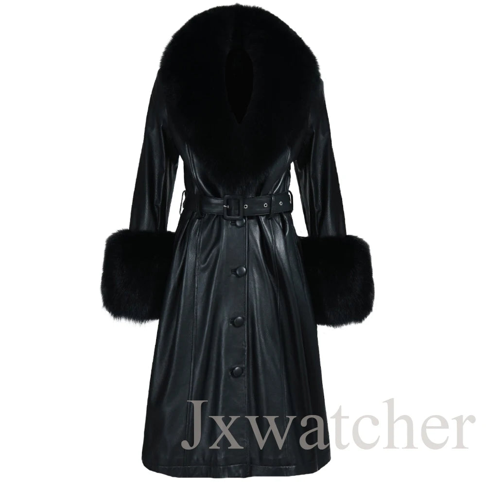 Manteau long en cuir véritable pour femmes Jxwatcher, automne hiver, grande taille, en peau de mouton avec col en vrai renard