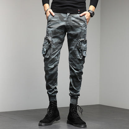 new men's casual pants camouflage cargo pants autumn and winter slim show high military style bunches of foot pants