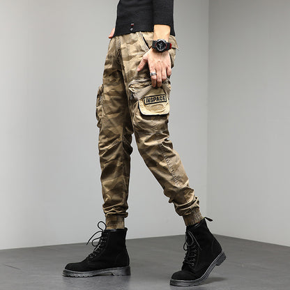 new men's casual pants camouflage cargo pants autumn and winter slim show high military style bunches of foot pants